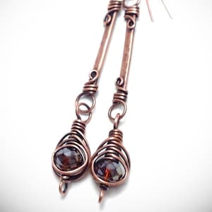 Hand Forged Copper Earrings: Brown Topaz Wire Wrapped Dangle