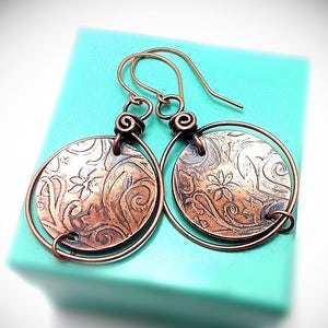 Etched Copper Earrings: Wire Wrapped, Handmade Jewelry
