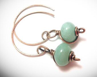 Copper Hoop Earrings: Wire Wrapped Aventurine Dangle