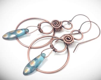 Antiqued Copper Wire Wrapped Hoop Earrings with Czech Daggers