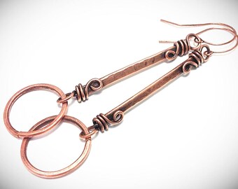 Handcrafted Antiqued Copper Stick Earrings with Hoops
