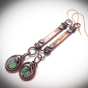 Handcrafted Copper Wire Earrings: Light Green Crystal Dangle