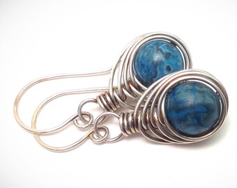 Sterling Silver Wire Wrapped Earrings: Blue Picasso Jasper