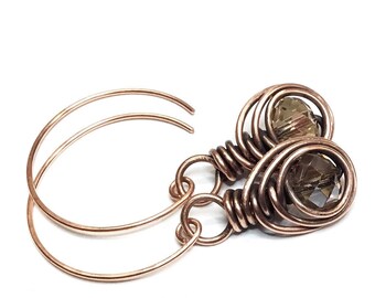 Antiqued Copper Hoop Earrings: Wire Wrapped Crystal Topaz