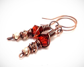 Copper Wire Wrapped Earrings: Crimson Swarovski Crystal & Jasper