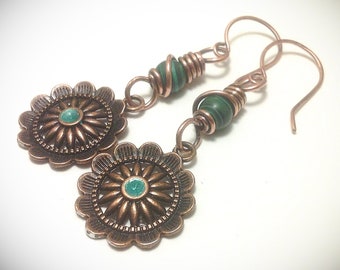 Handcrafted Copper Wire Earrings: Malachite Flower Jewelry