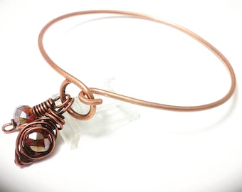 Handcrafted Copper Bangle Bracelet with Crystal Charms