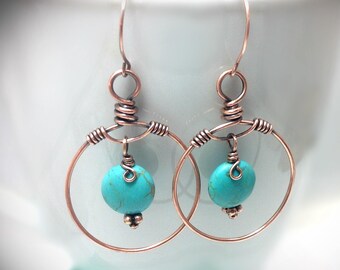 Wire Wrapped Copper Hoop Earrings with Turquoise Bead