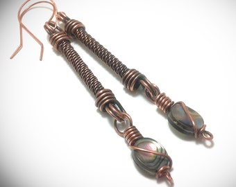 Wire wrapped jewelry, Hanging earrings, Copper wire jewelry. Copper wire coiled stick earrings with abalone.