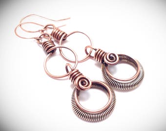 Double Copper linked hoop earrings with coiling by JCL