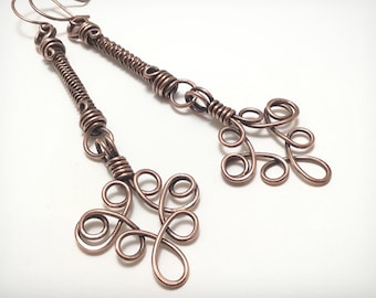 Handcrafted Copper Wire Wrapped Dangle Earrings: Baroque Jewelry