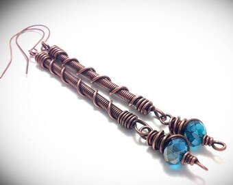 Coiled Copper Stick Earrings: Turquoise Crystal Wire Wrapped Jewelry
