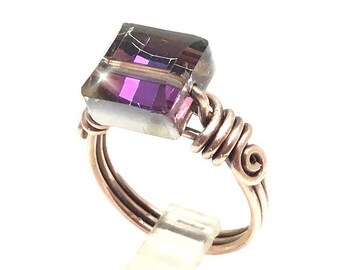 Wire Wrapped Ring: Antiqued Copper, Square Multi Colored Crystal