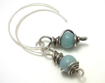 Handcrafted Sterling Silver Hoop Earrings: Wire Wrapped Amazonite Dangles