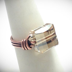 Wirewrapped ring. Crystal ring. Antiqued copper wirewrapped ring with Square cut swavorski Crystal.  Wire jewelry.