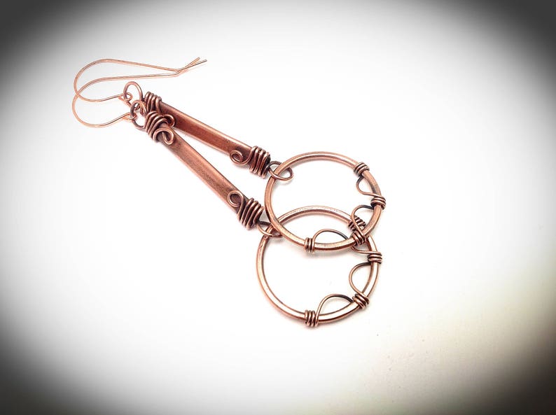 Wire earrings. Hanging earrings, Copper jewelry. Fancy antiqued wire wrapped stick earrings with hoops image 3