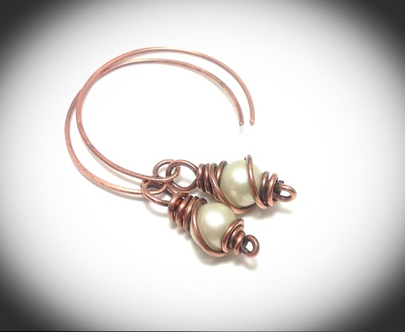 Copper Wire Jewelry. Wirewrapped Jewelry. Wire Jewelry. Antiqued Copper Wire Wrapped Pearl Large Hoop Hanging Earrings. Handcrafted Jewelry.