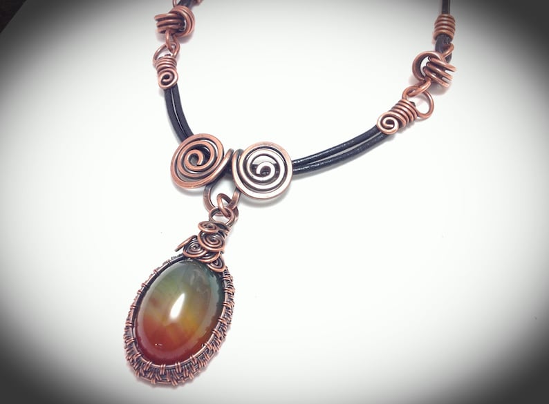 double color agate pendant Necklace Copper necklace. Wire copper jewelry leather cording with hook clasp Weaved copper wire