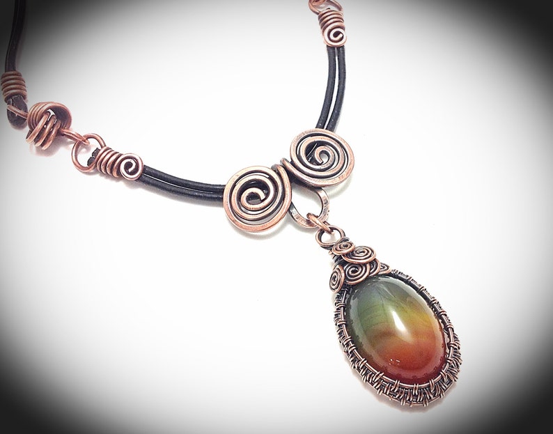 double color agate pendant Necklace Copper necklace. Wire copper jewelry leather cording with hook clasp Weaved copper wire