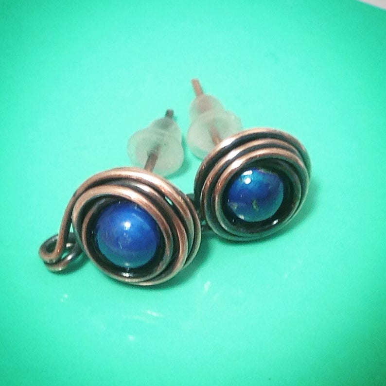 Wire Earrings. Post/stud Earring. Copper Wire Jewelry. Mood Stone