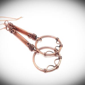 Wire earrings. Hanging earrings, Copper jewelry. Fancy antiqued wire wrapped stick earrings with hoops image 4