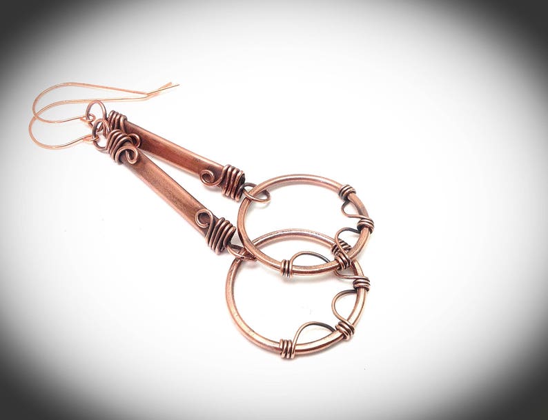 Wire earrings. Hanging earrings, Copper jewelry. Fancy antiqued wire wrapped stick earrings with hoops image 4