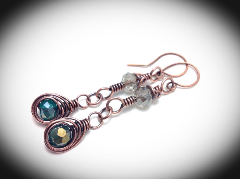 Copper Wire Wrapped Earrings With Dangling Crystals Etsy
