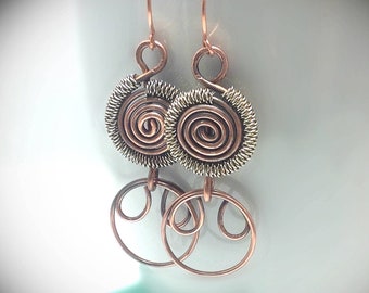 Antiqued Copper Wire Wrapped Earrings with Sterling Silver Coils