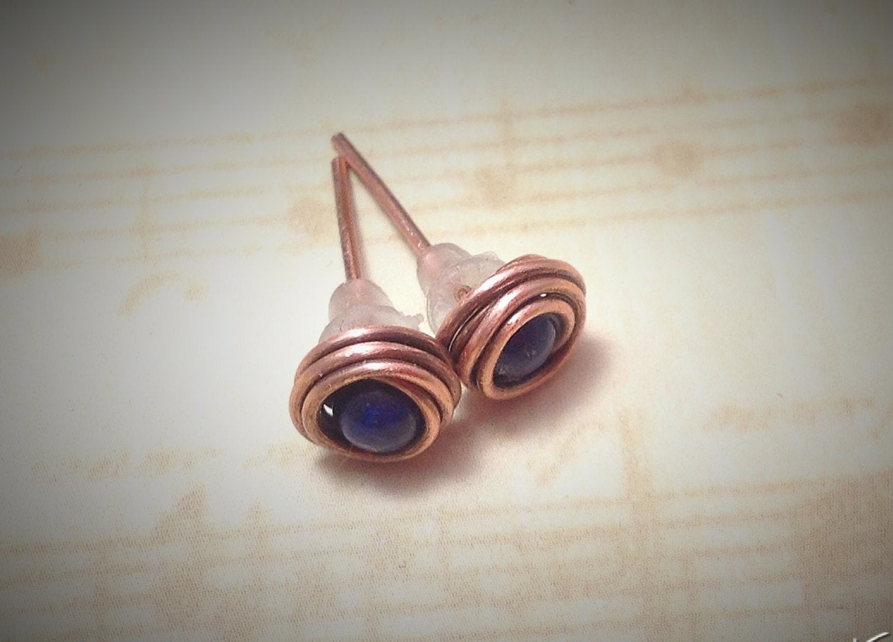 Post Earrings, Copper Wire Wrapped Stud Earrings With Lapis/turquoise