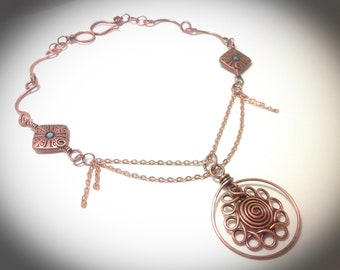 Handcrafted Copper Wire Wrapped Necklace: Starburst Pendant, 16” Chain