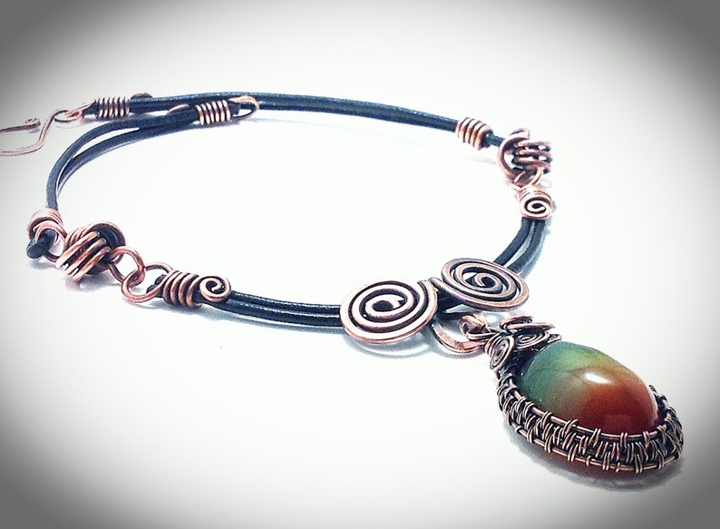 double color agate pendant Necklace Copper necklace. Wire copper jewelry leather cording with hook clasp Weaved copper wire