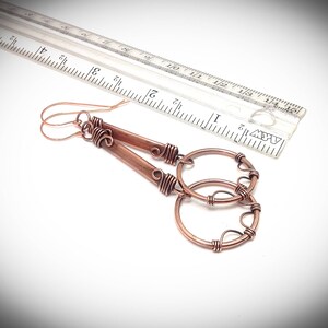 Wire earrings. Hanging earrings, Copper jewelry. Fancy antiqued wire wrapped stick earrings with hoops image 7