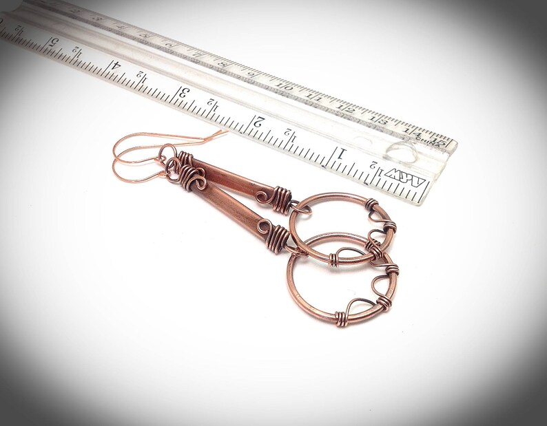 Wire earrings. Hanging earrings, Copper jewelry. Fancy antiqued wire wrapped stick earrings with hoops image 7