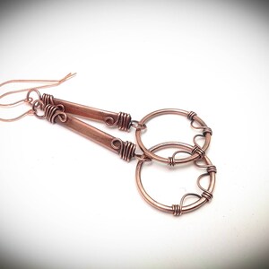 Wire earrings. Hanging earrings, Copper jewelry. Fancy antiqued wire wrapped stick earrings with hoops image 2