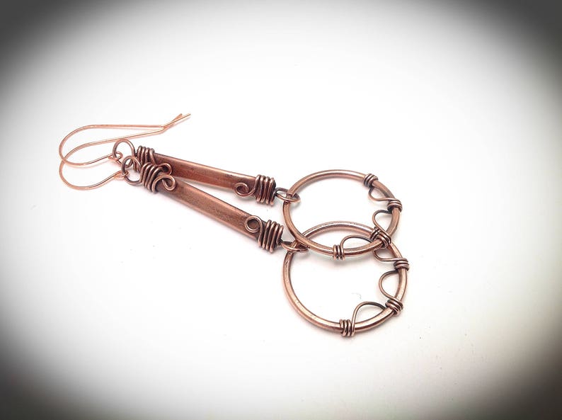 Wire earrings. Hanging earrings, Copper jewelry. Fancy antiqued wire wrapped stick earrings with hoops image 2