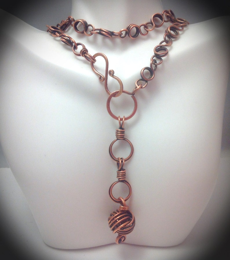 Copper wire wrapped chain linked lariat with drop pendant Wirewrapped jewelry Handcrafted wire jewelry