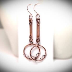 Wire earrings. Hanging earrings, Copper jewelry. Fancy antiqued wire wrapped stick earrings with hoops image 9