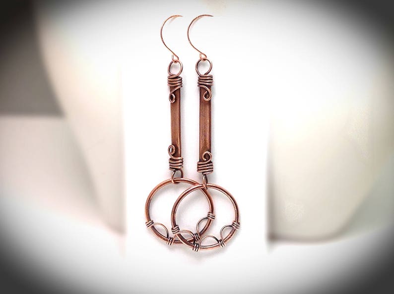 Wire earrings. Hanging earrings, Copper jewelry. Fancy antiqued wire wrapped stick earrings with hoops image 9