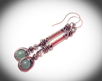 Wirewrapped jewelry.  Copper wire jewelry. Copper stick wire wrapped earrings with herringbone wrapped jade stone