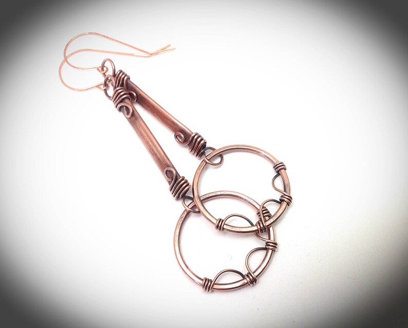 Wire earrings. Hanging earrings, Copper jewelry. Fancy antiqued wire wrapped stick earrings with hoops image 1