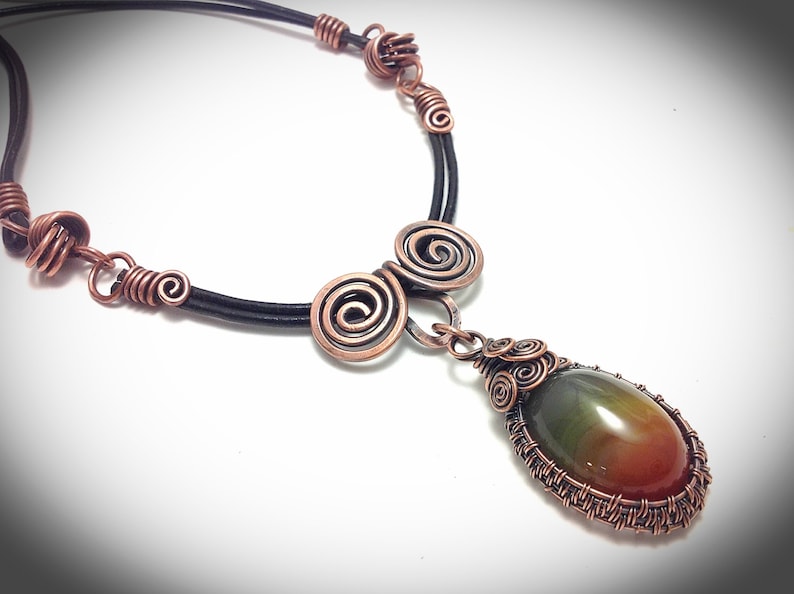 double color agate pendant Necklace Copper necklace. Wire copper jewelry leather cording with hook clasp Weaved copper wire