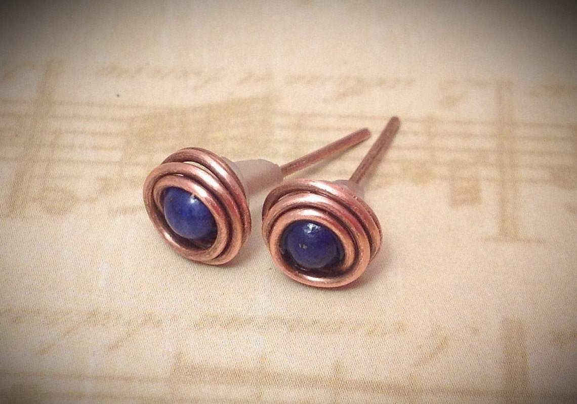 Post Earrings, Copper Wire Wrapped Stud Earrings With Lapis/turquoise