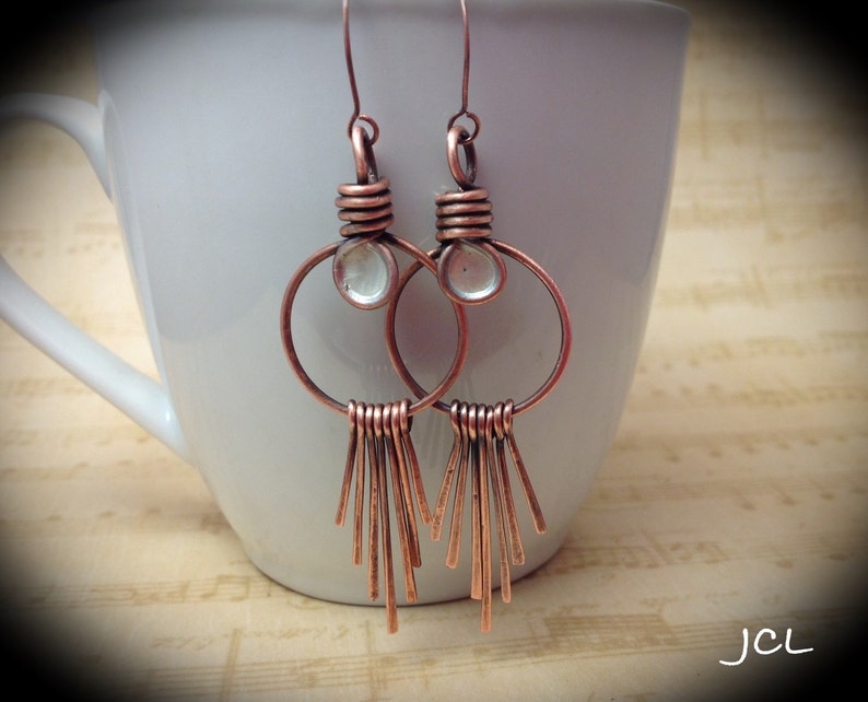 Copper Embellished Wire Hoop Earrings With Fringe Etsy