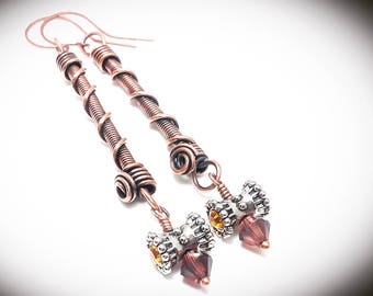 Hand Forged Copper Stick Earrings: Silver & Amber Wire Wrapped Dangle