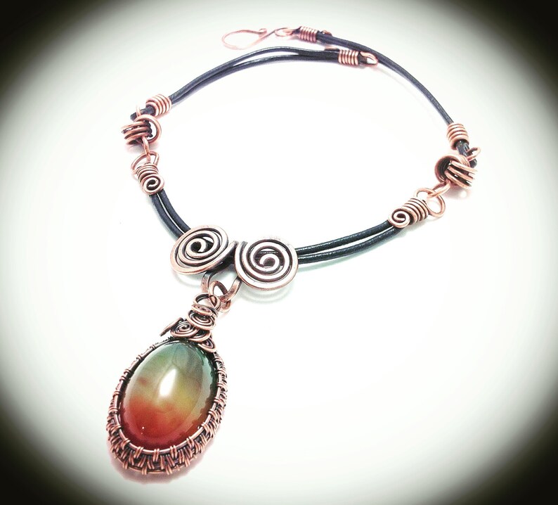 double color agate pendant Necklace Copper necklace. Wire copper jewelry leather cording with hook clasp Weaved copper wire
