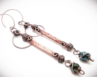 Handcrafted Copper Stick Earrings: Wire Wrapped Czech Bead Jewelry