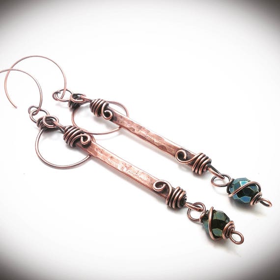 Wire Wrapped Jewelry. Hanging Earrings. Copper Jewelry