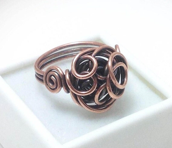 Antiqued Copper Wire Wrapped Ring: Scribble Design, Triple Band