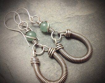 Handcrafted Sterling Silver Wire Wrapped Horseshoe Earrings with Aventurine