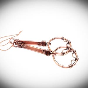 Wire earrings. Hanging earrings, Copper jewelry. Fancy antiqued wire wrapped stick earrings with hoops image 5